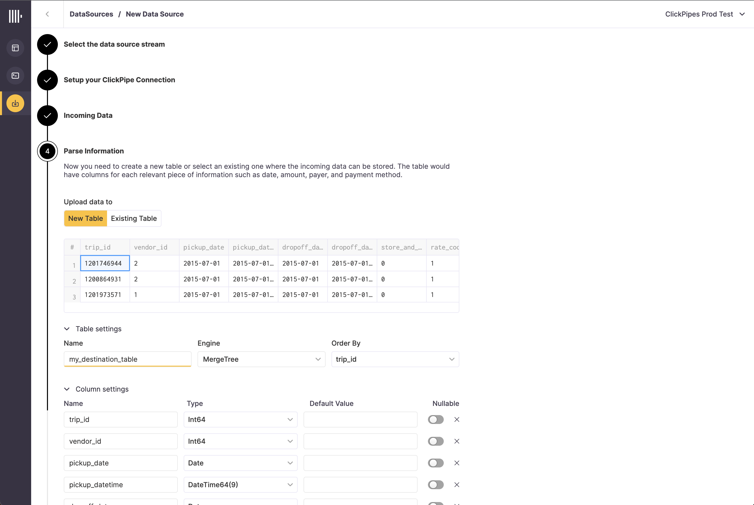 Set table, schema, and settings